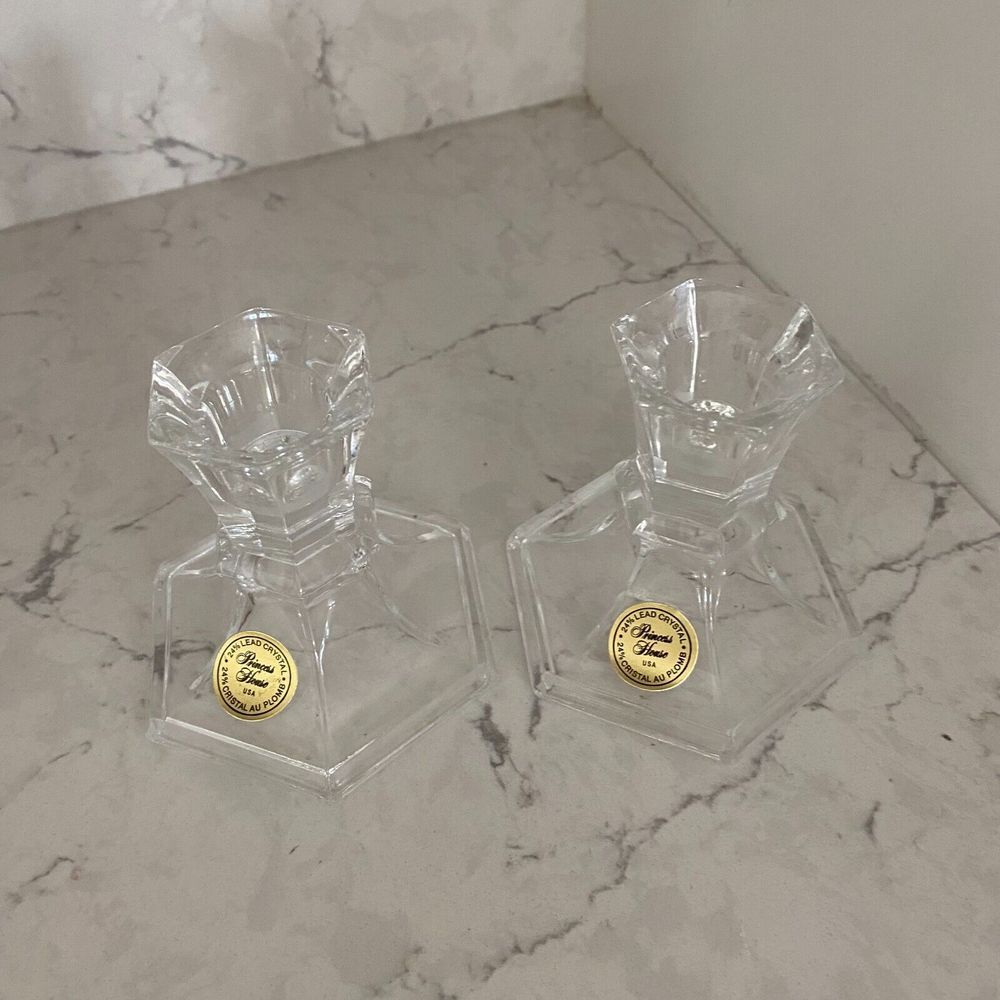 Princess House #877 Hexagon Shape Clear Glass Lead Crystal Candlesticks Set of 2